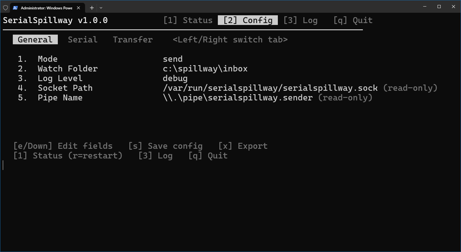 Configuration screen, General tab, listing mode, watch folder,
                 log level, and two management endpoint fields marked
                 read-only.