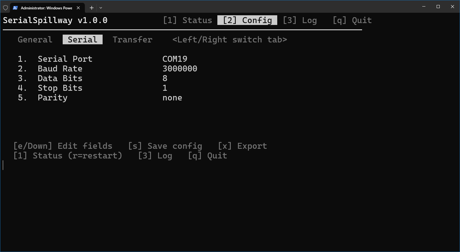 Configuration screen, Serial tab, listing serial port, baud
                 rate, data bits, stop bits and parity.