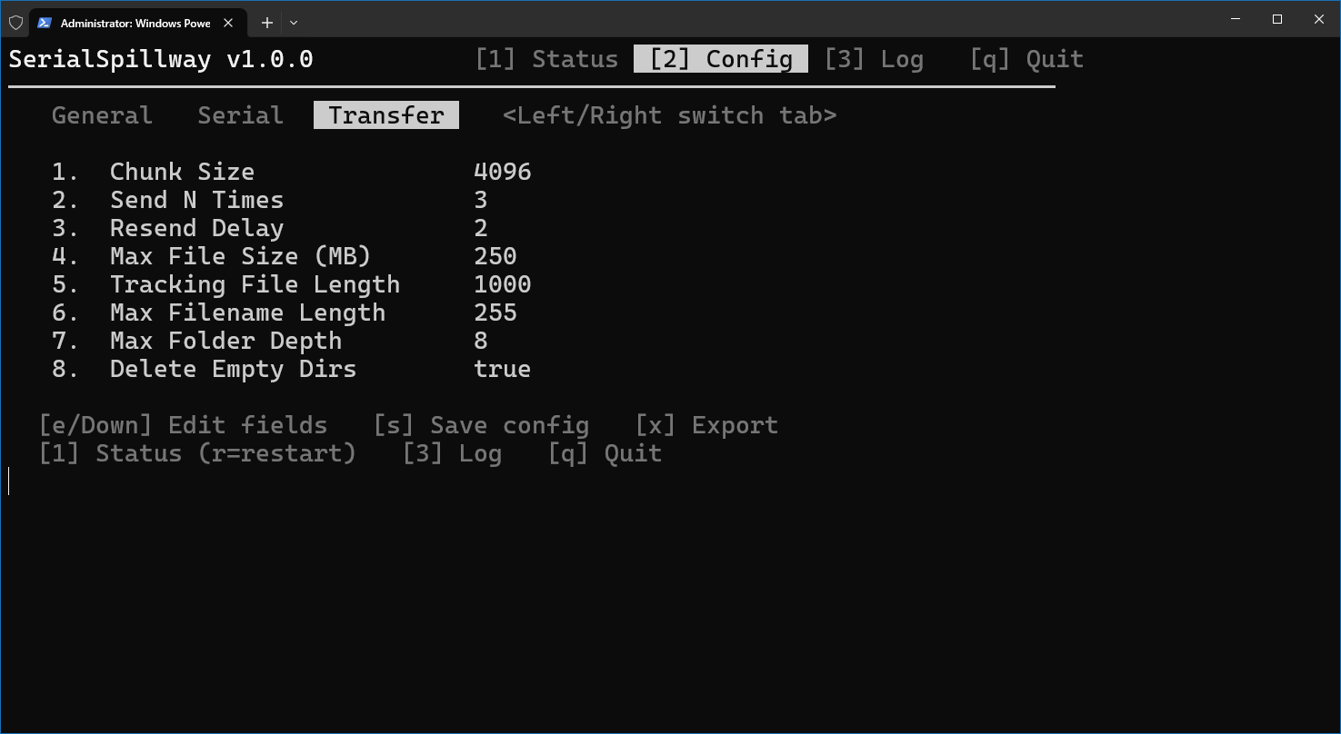 Configuration screen, Transfer tab, listing chunk size of
                 4096, send count of three, resend delay of two seconds,
                 maximum file size, and filename and folder limits.